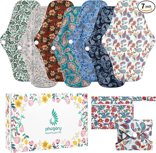 PHOGARY Reusable Menstrual Pad, 7 Packs Washable Overnight Cloth Panty Liners with 1 Wet Bag, Sanitary Pads Wings for Heavy Flow