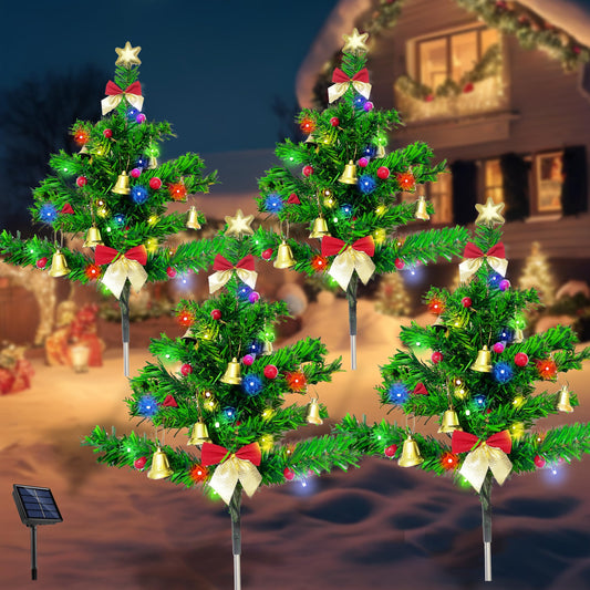 Solar Christmas Tree Pathway Stake Lights, 4 Pack Outdoor Christmas Tree Decorations, Multicolor 8 Lighting Modes Waterproof Solar Powered Lights for Outside Garden Yard Cemetery Xmas