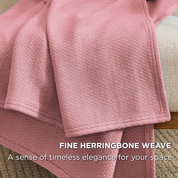 Bedsure 100% Cotton Large Throw Blanket for Couch 50x70 inches - Breathable and Lightweight, Soft Cozy Herringbone Woven Blanket for Summer Spring, Pink