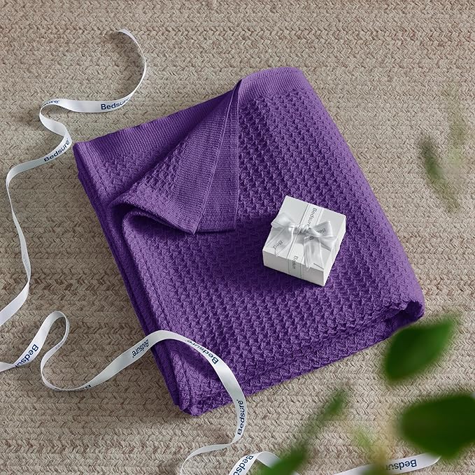 Bedsure 100% Cotton Large Throw Blanket for Couch 50x70 inches - Breathable and Soft, Waffle Weave Throw Blanket for Office, Purple