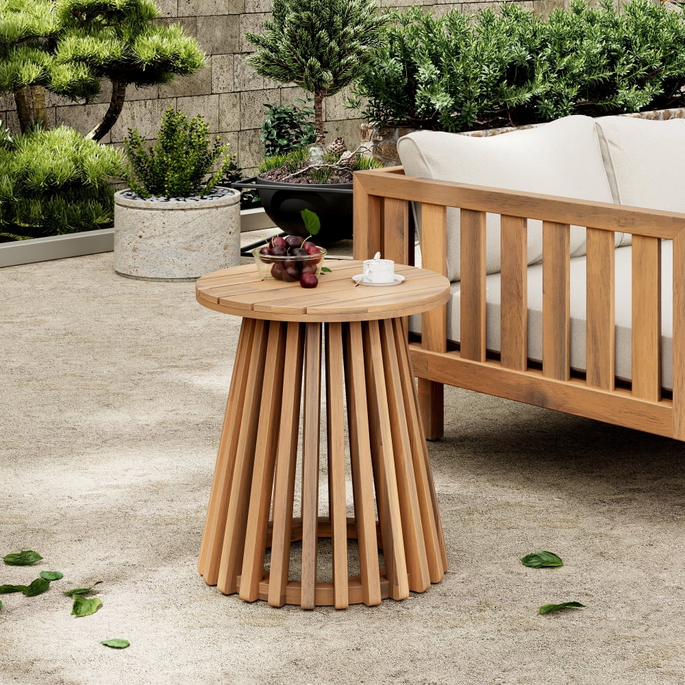 JHSLAJ Outdoor Acacia Wood Patio Side Table, Round Coffee Table for Backyard, Lawn, Balcony,Light Teak