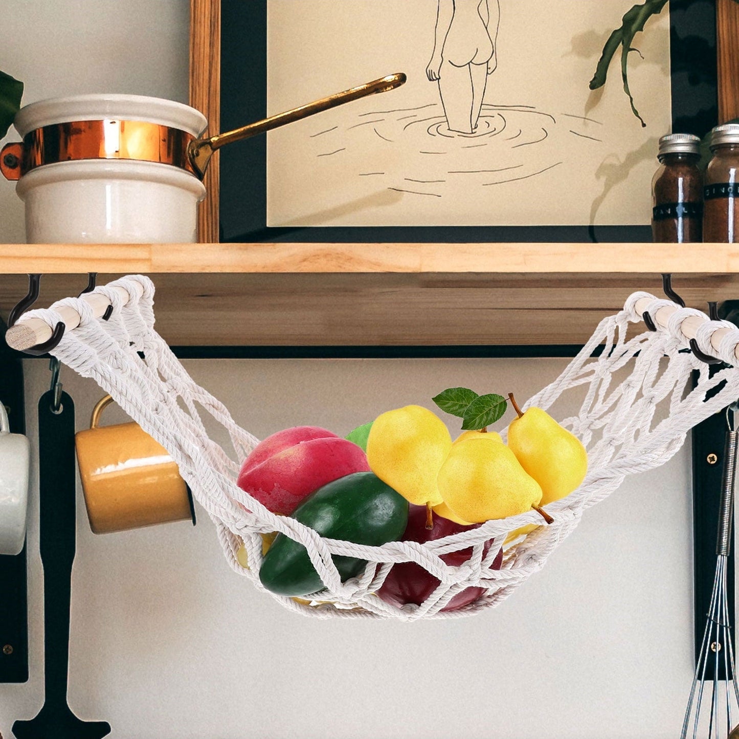 Minkissy 1Set Fruit Hammock with Cotton Rope and Wood Material for Organizing Fruits and Vegetables in Kitchen